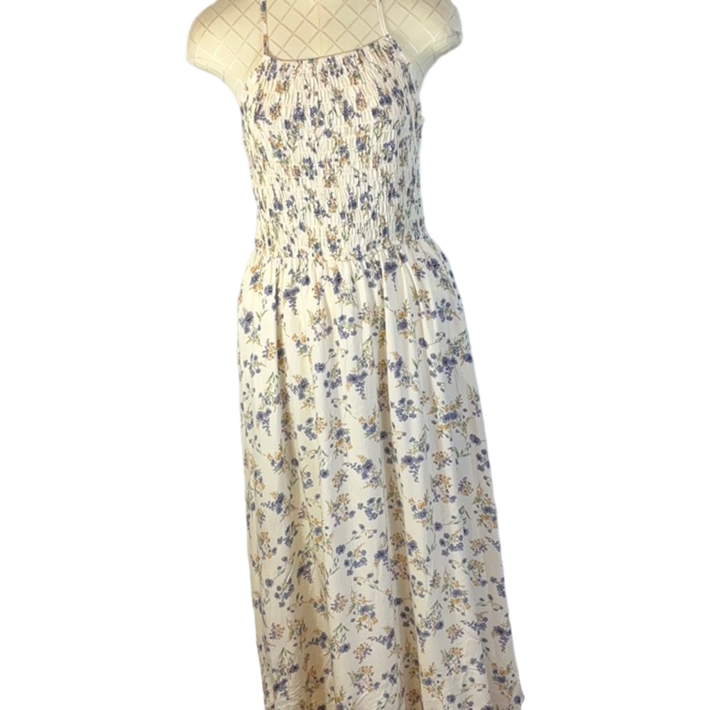 Hayden Cream Floral long maxi dress Smocked Bodice Adjustable Halter Size Large